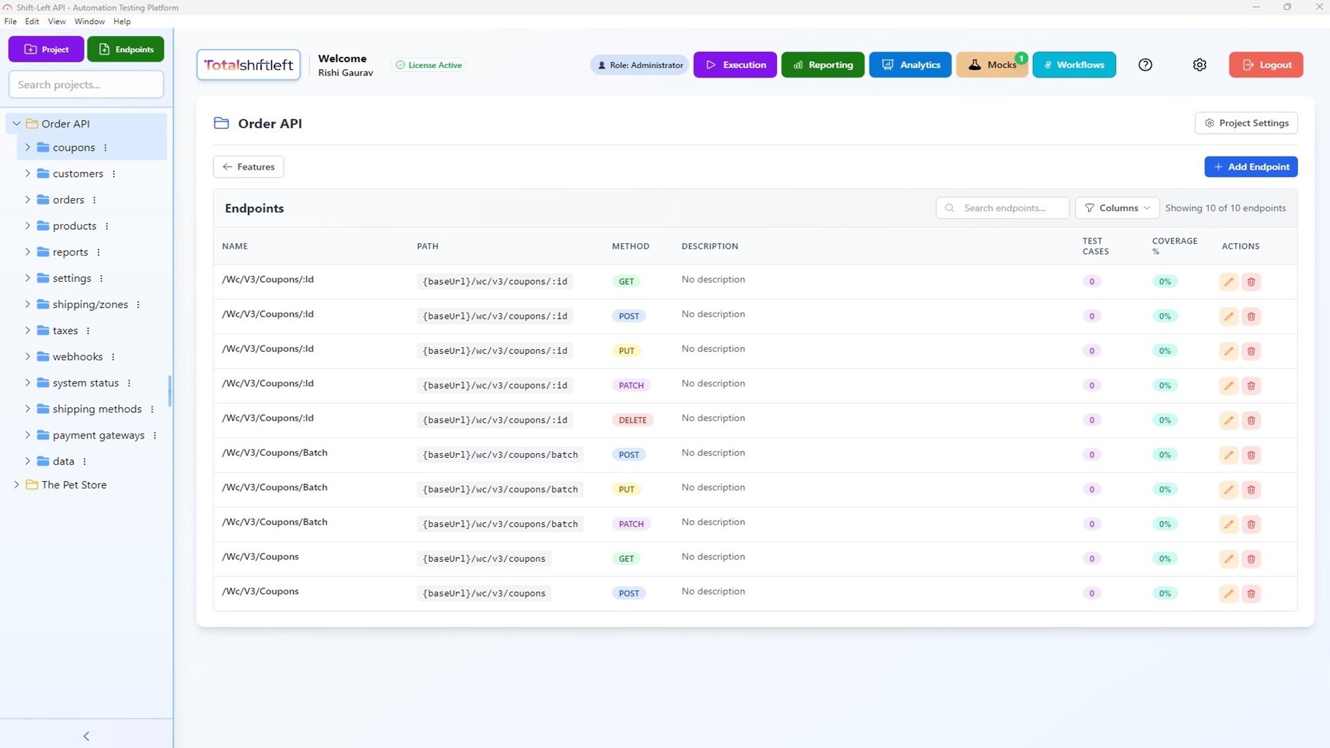 API endpoints list with method, test cases, and coverage percentage