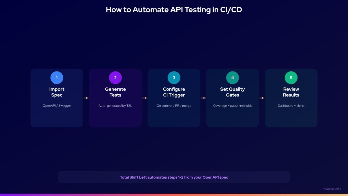 API Testing Automation Steps - Import spec, generate tests, configure CI, set gates, review
