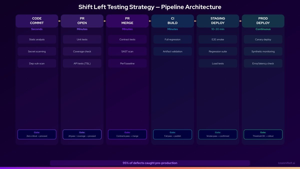 Shift Left 6-Stage Pipeline Architecture - From code commit to production deployment