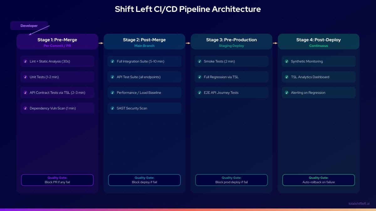 Shift Left CI/CD Pipeline Architecture - 4 stages from pre-merge to post-deploy