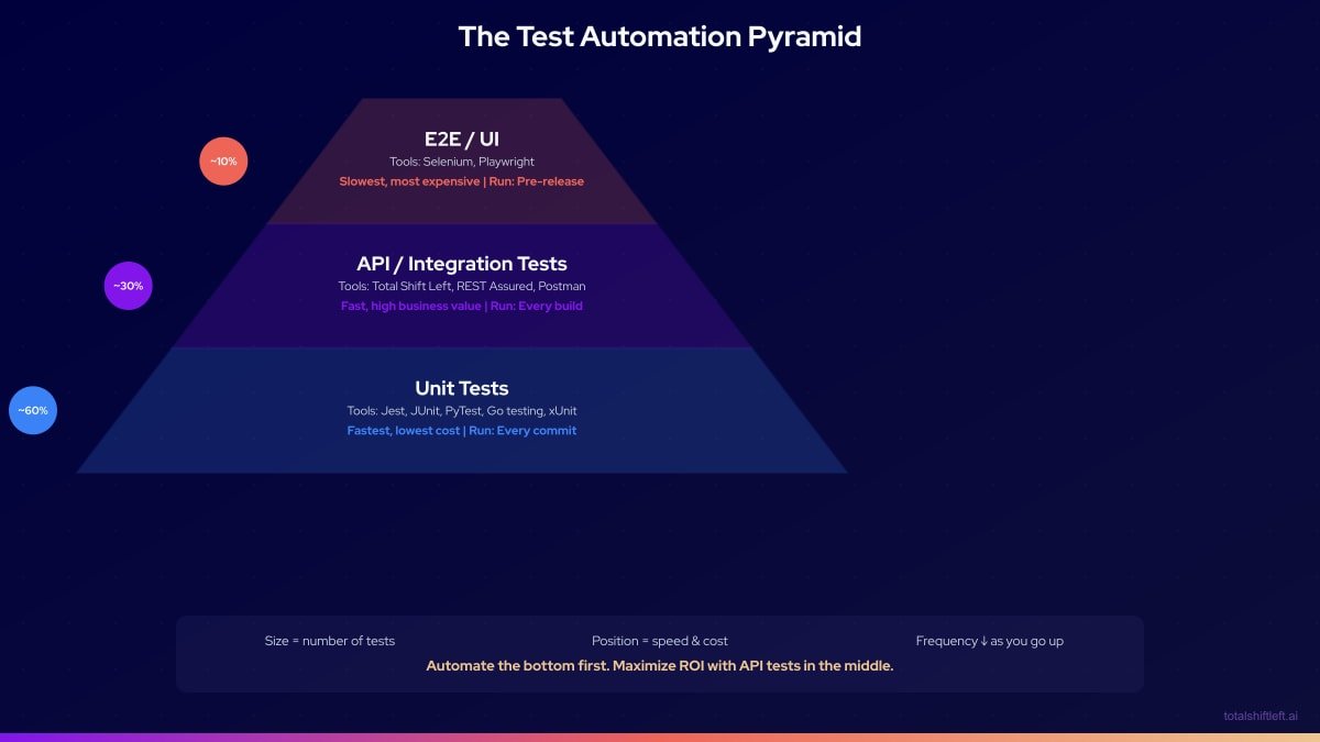 Test Automation Pyramid - Unit 60%, API 30%, E2E 10% with tools and run frequency