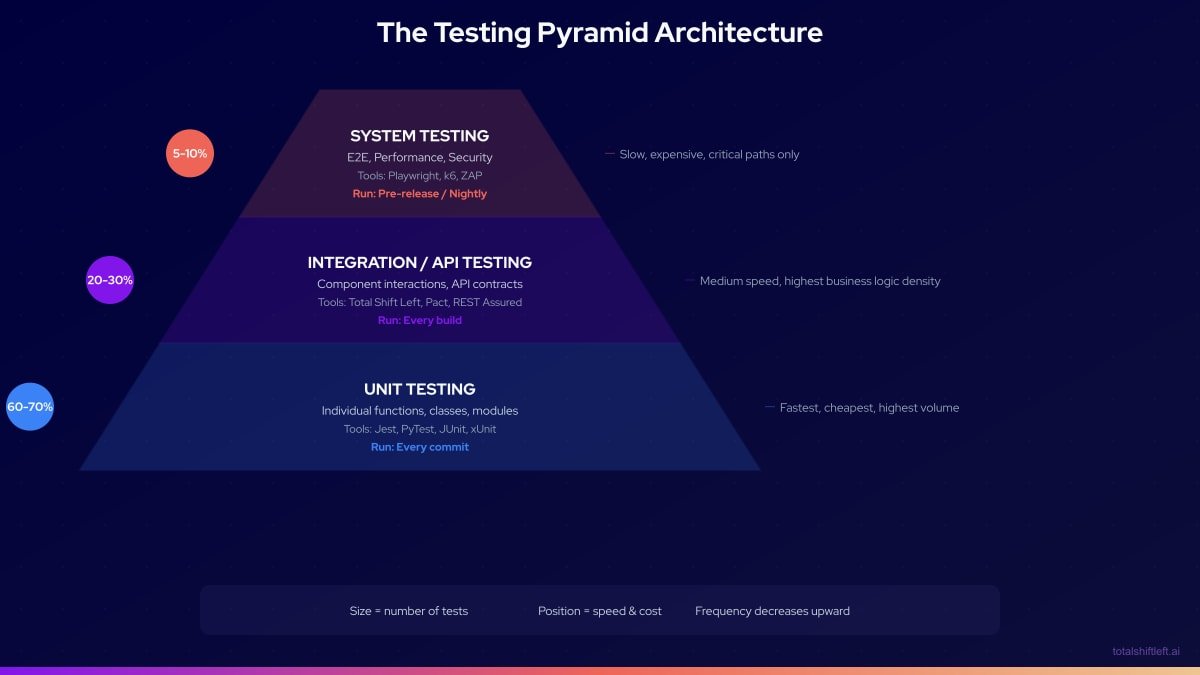 The Testing Pyramid Architecture - Unit 60-70%, Integration 20-30%, System 5-10%