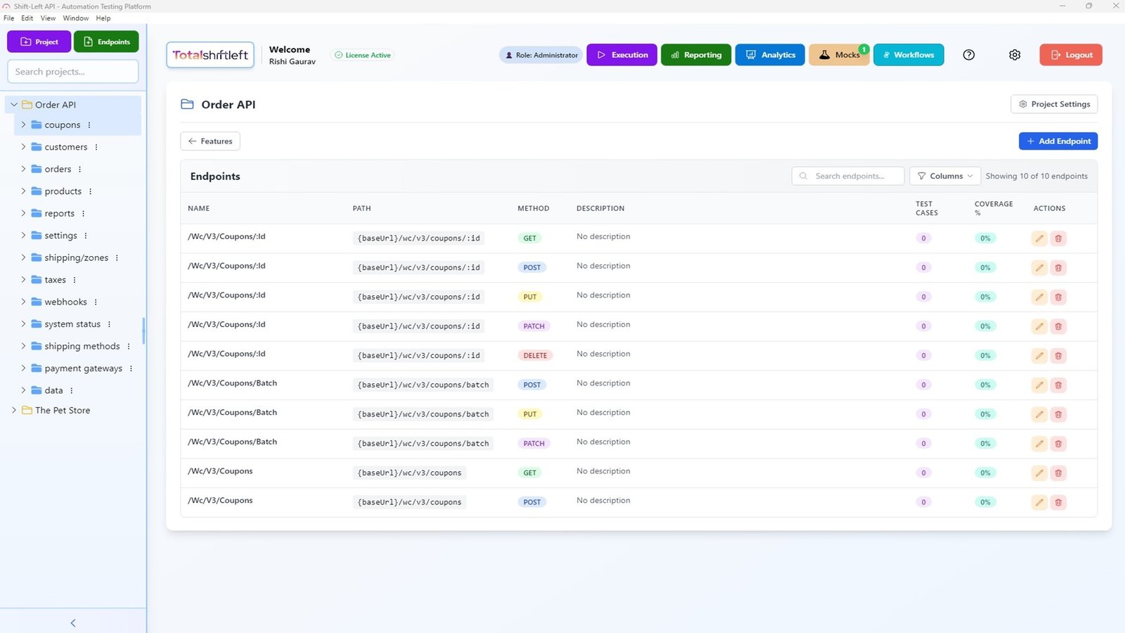 Endpoints displayed after API spec import in Shift-Left API