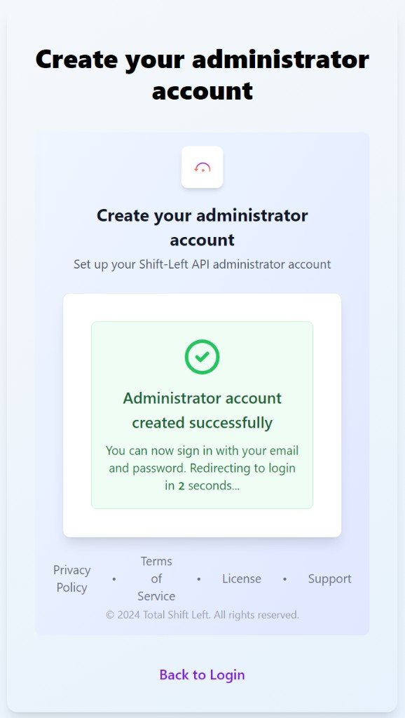 Administrator account created successfully – success screen, redirect countdown
