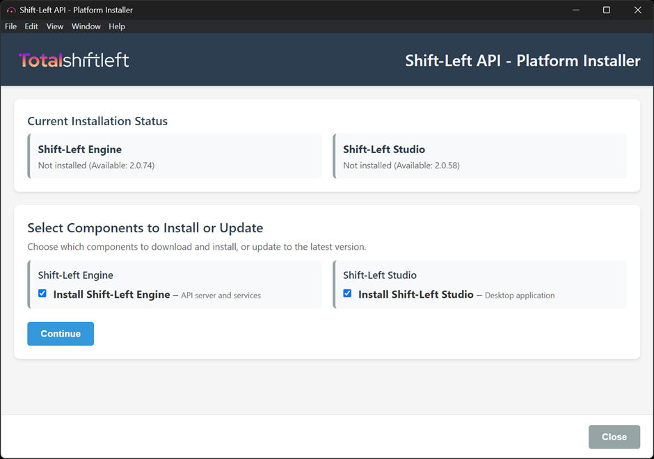 Select Components to Install or Update – first-time install, Engine and Studio selected, Continue
